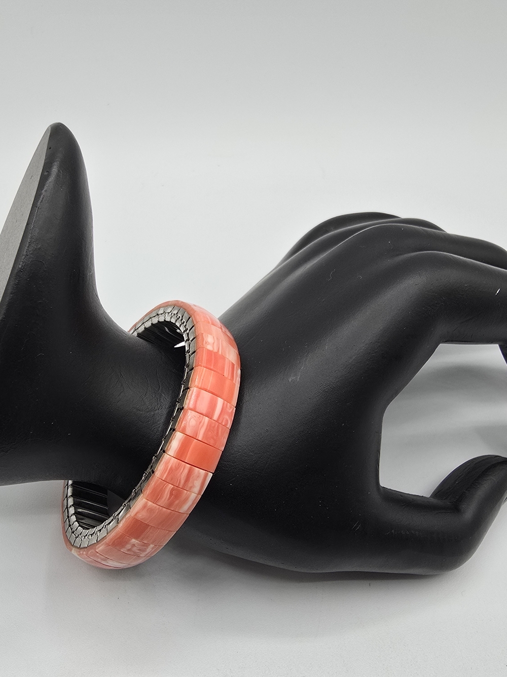 VTG Pink Marbled Stretch Bracelet Faux Coral Look Stainless Steel 6"
